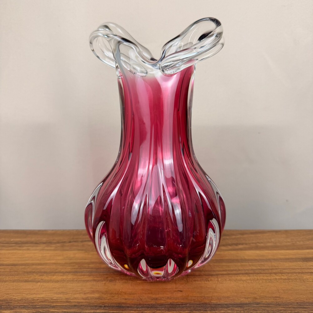 Vintage Murano Sommerso Cranberry and Clear Art Glass Vase 10 Inch